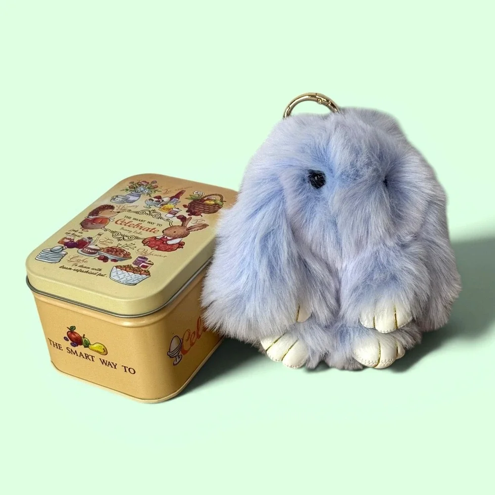 NEW Bunny Lulu Light Blue Faux Fur Rabbit Keychain Decorative Picnic Metal Tin